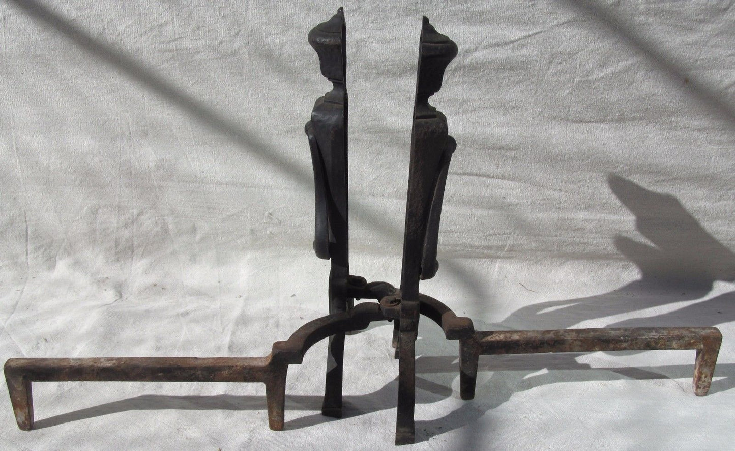 ANTIQUE PAIR OF ARTS & CRAFTS CAST IRON ANDIRONS