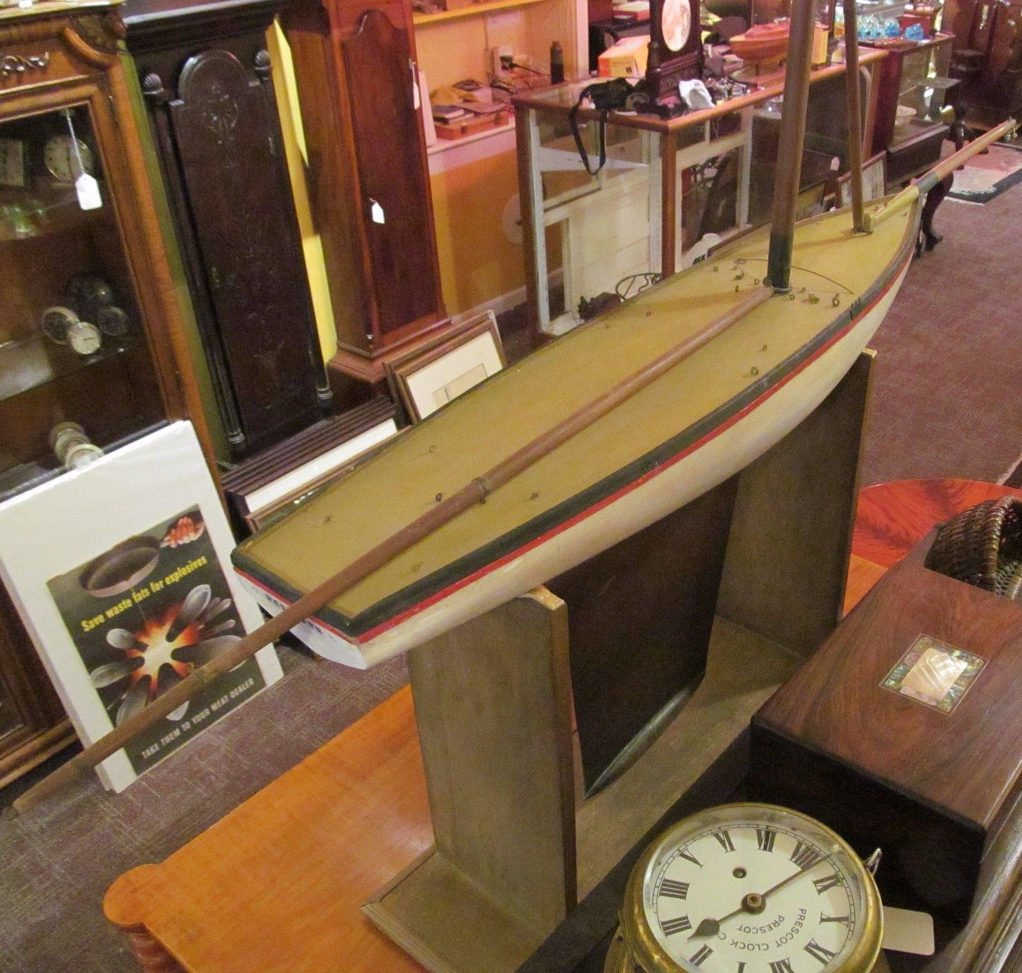 MONUMENTAL 53" ANTIQUE POND BOAT WITH COPPER KEEL & CRADLE