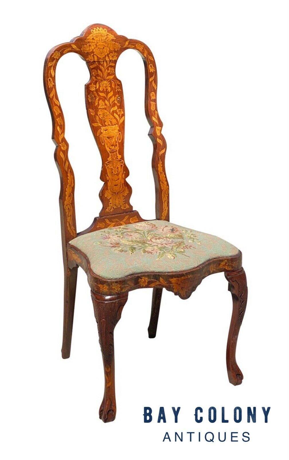 18TH C ANTIQUE DUTCH MARQUETRY INLAID WALNUT CHAIR ~ NORTH WIND FACE & MERMAID