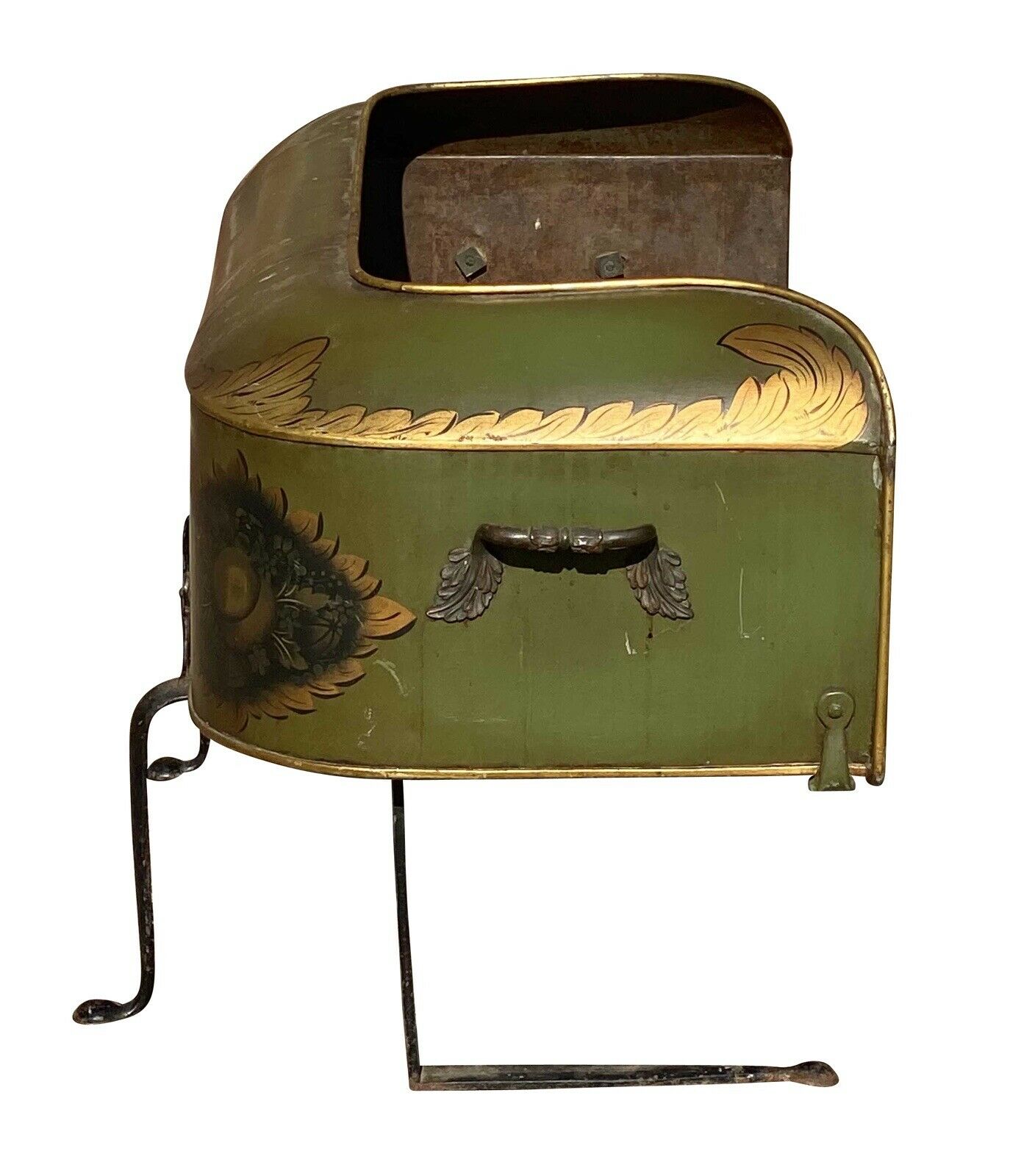 19th C Antique Green & Gilt Paint Tole Fireplace Warmer W/ Folk Art Paintings