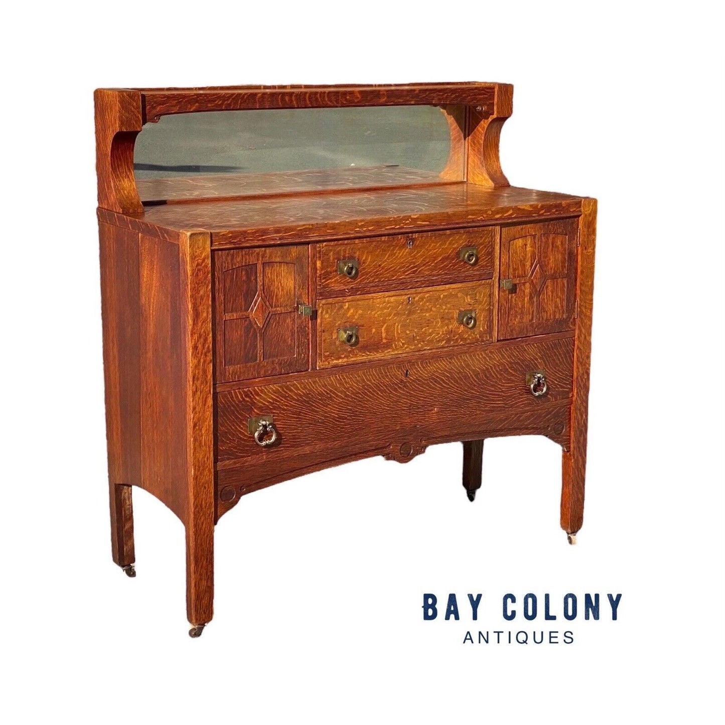Antique Arts & Crafts Mission Oak Sideboard Buffet With Mirrored Gallery