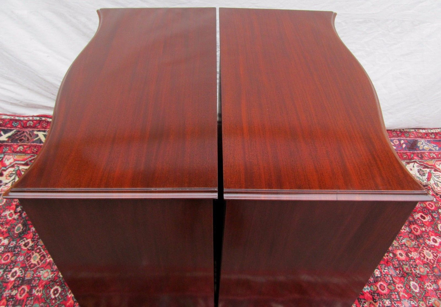 PAIR OF CHIPPENDALE SERPENTINE INLAID MAHOGANY BACHELORS DRESSERS BY J. GERTE