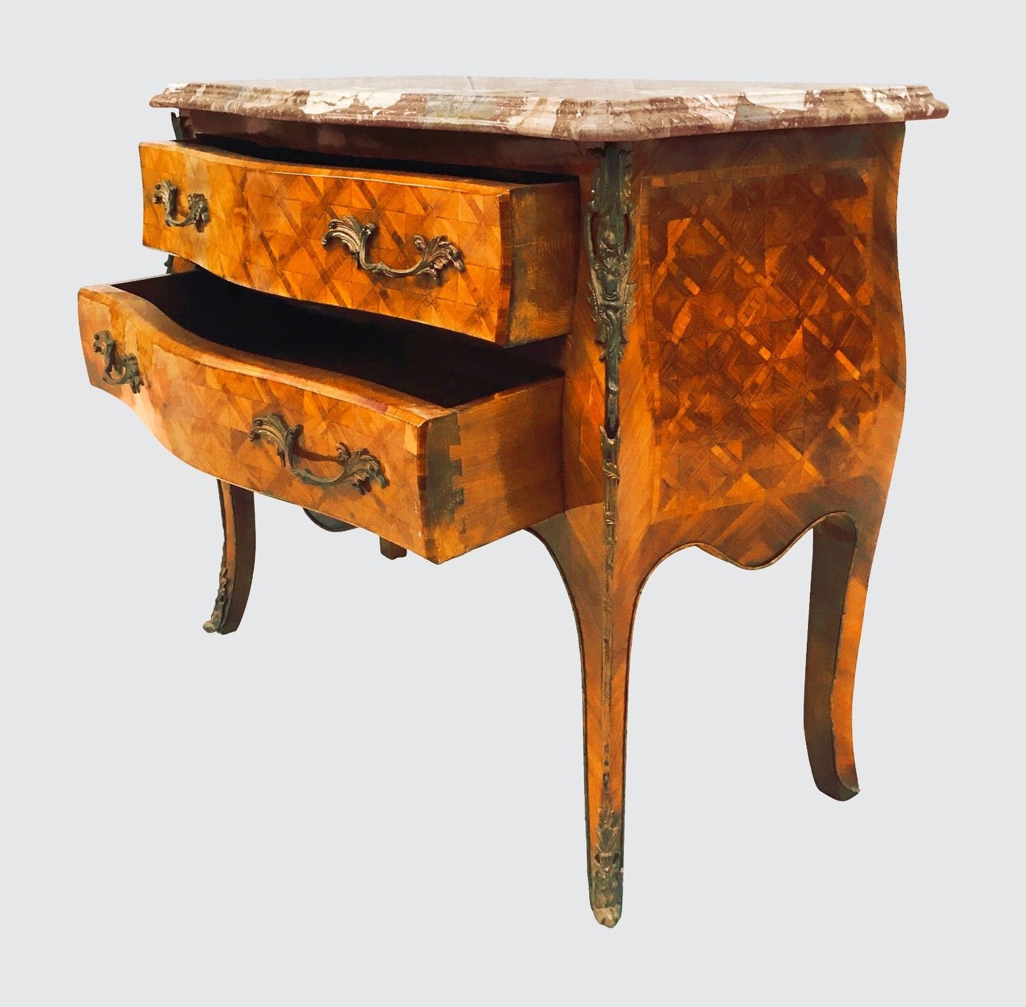 FRENCH LOUIS XV STYLED MARBLED TOPPED BOMBE FORMED DRESSER CONSOLE