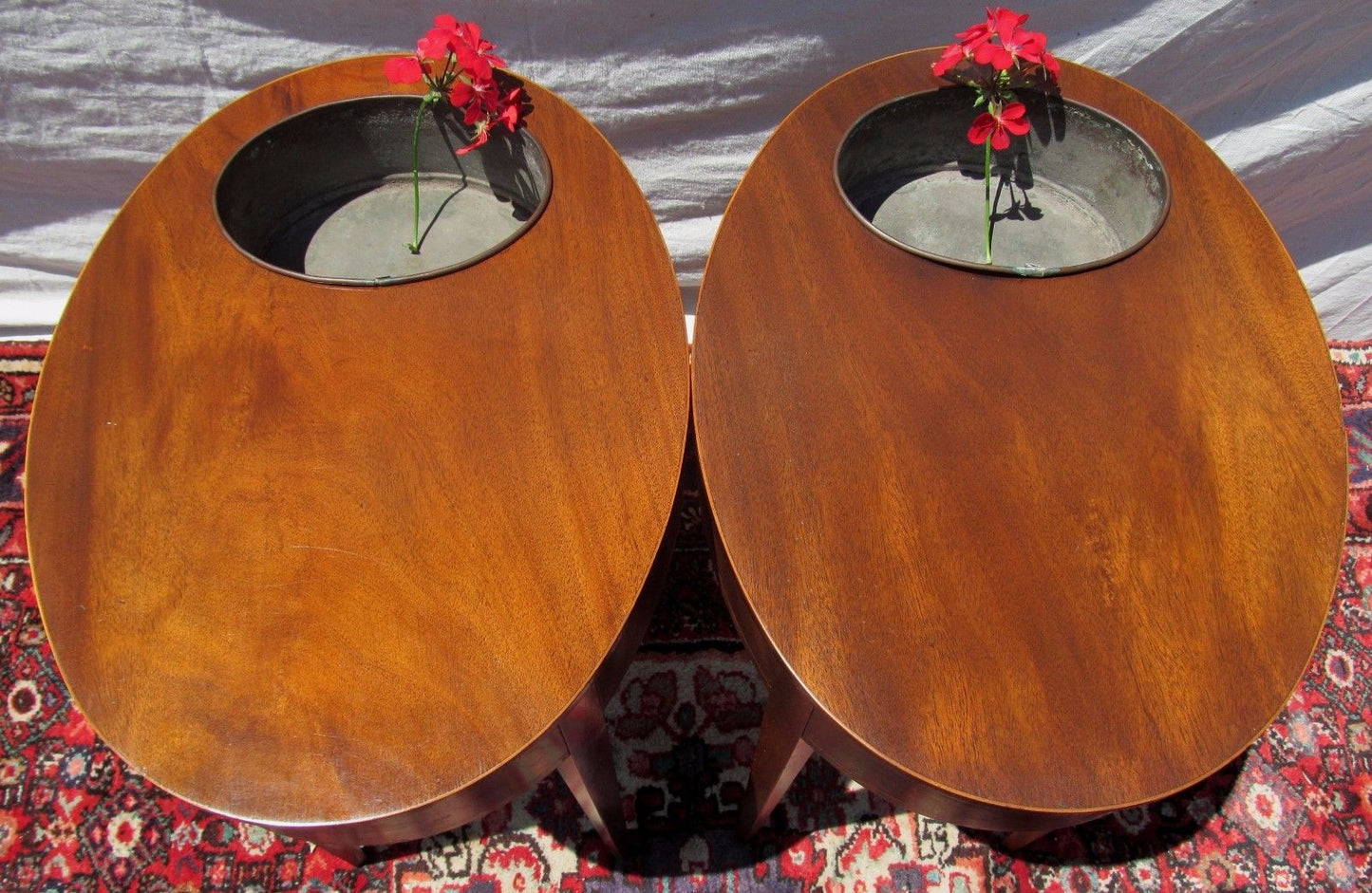FEDERAL STYLED MAHOGANY PLANTER OVAL FORMED TABLES ON CROSS X STRETCHER BASES