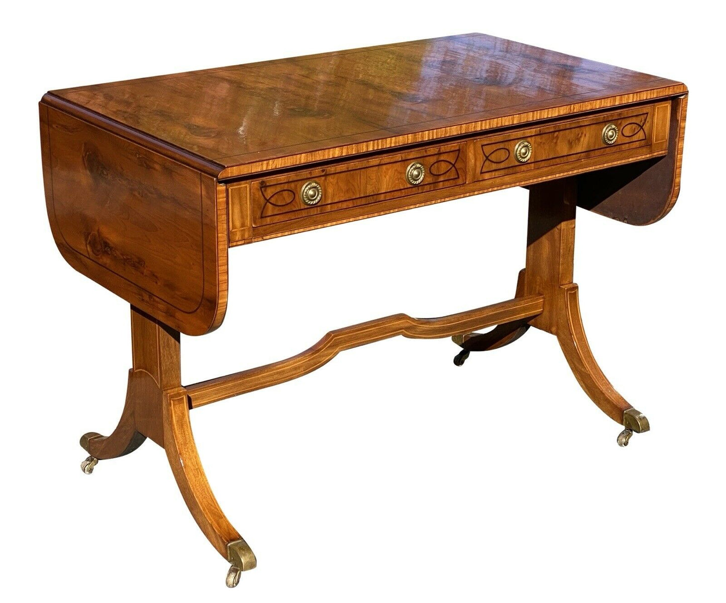 20TH C REGENCY ANTIQUE STYLE ELM & SATINWOOD DROP LEAF SOFA TABLE / DESK