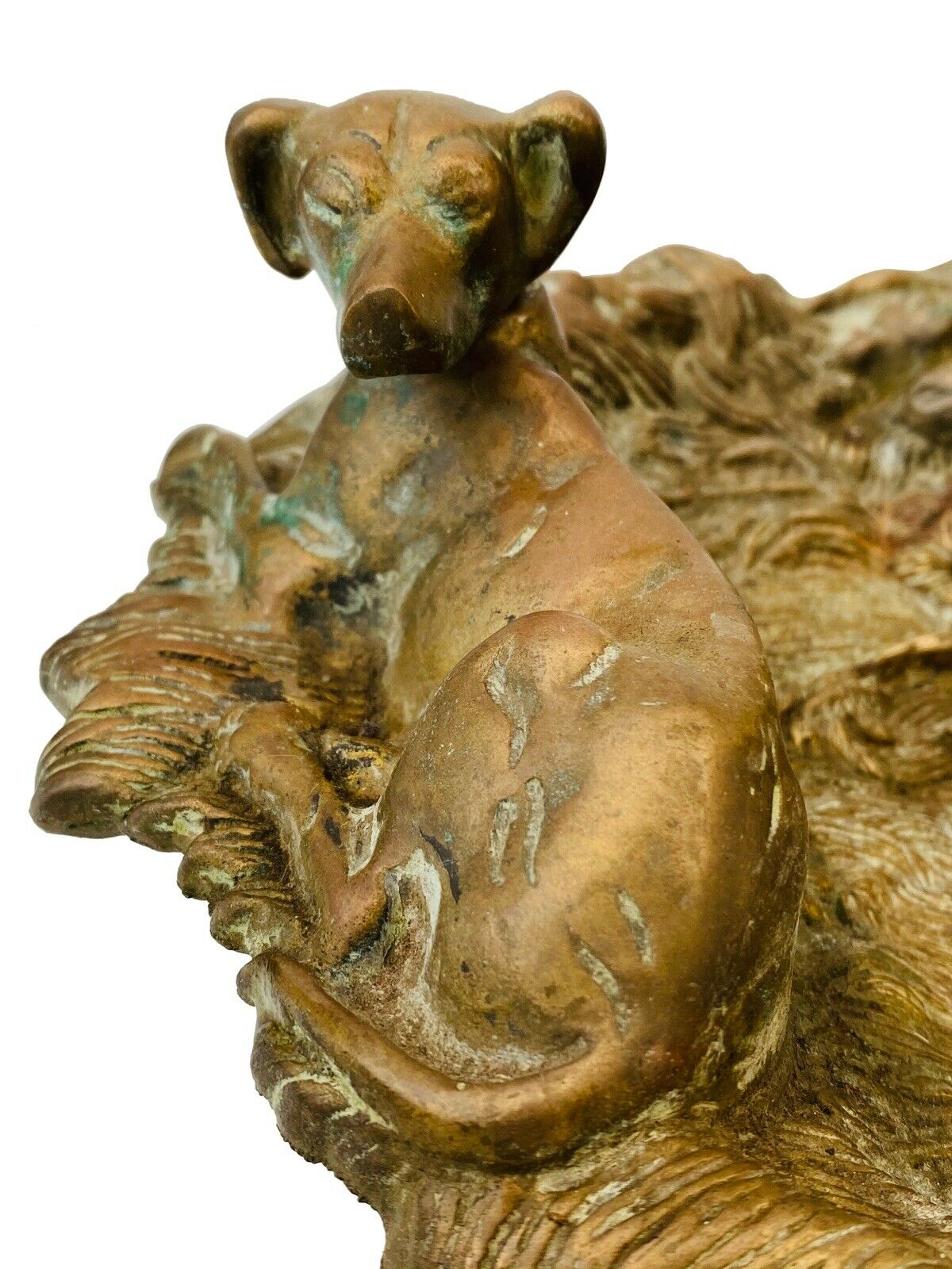 20TH C ANTIQUE ART NOUVEAU BRASS FIREPLACE TOOL HOLDER ~ HUNTING DOG SCENE