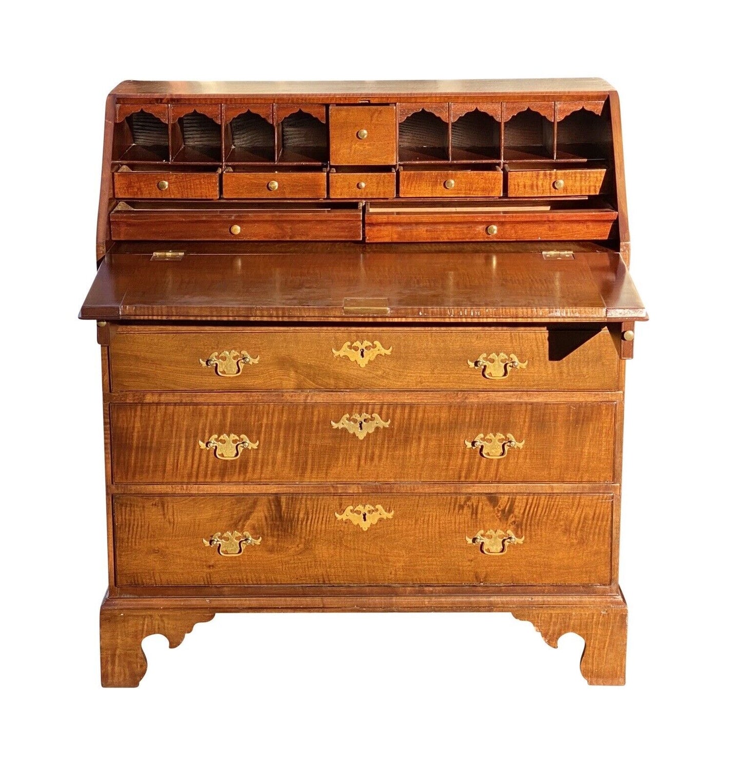 20th C Chippendale Antique Style Tiger Maple Slant Lid Desk With Hidden Drawer