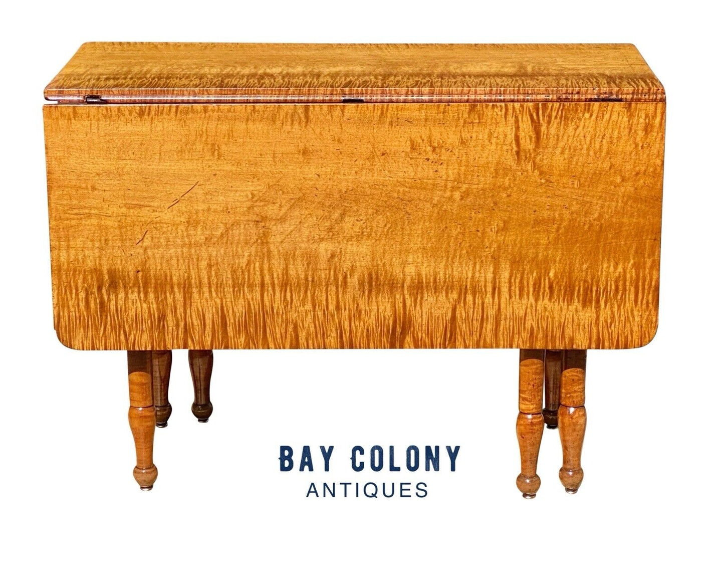 19th C Antique Sheraton Tiger Maple 6 Leg Drop Leaf Dining Table - Curly Maple