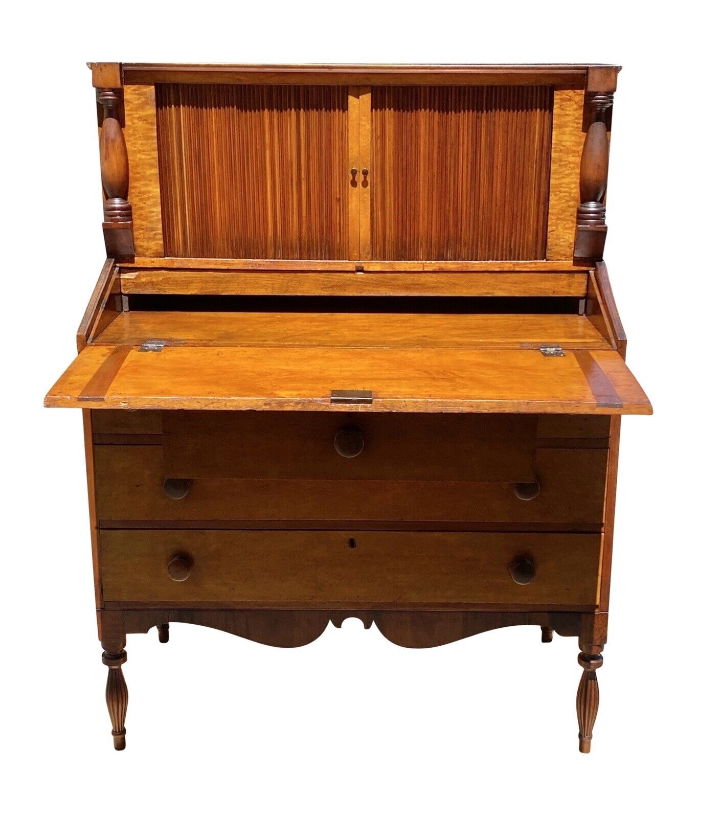 Antique Sheraton Birds Eye Maple & Cherry Vermont Tambour Secretary Desk