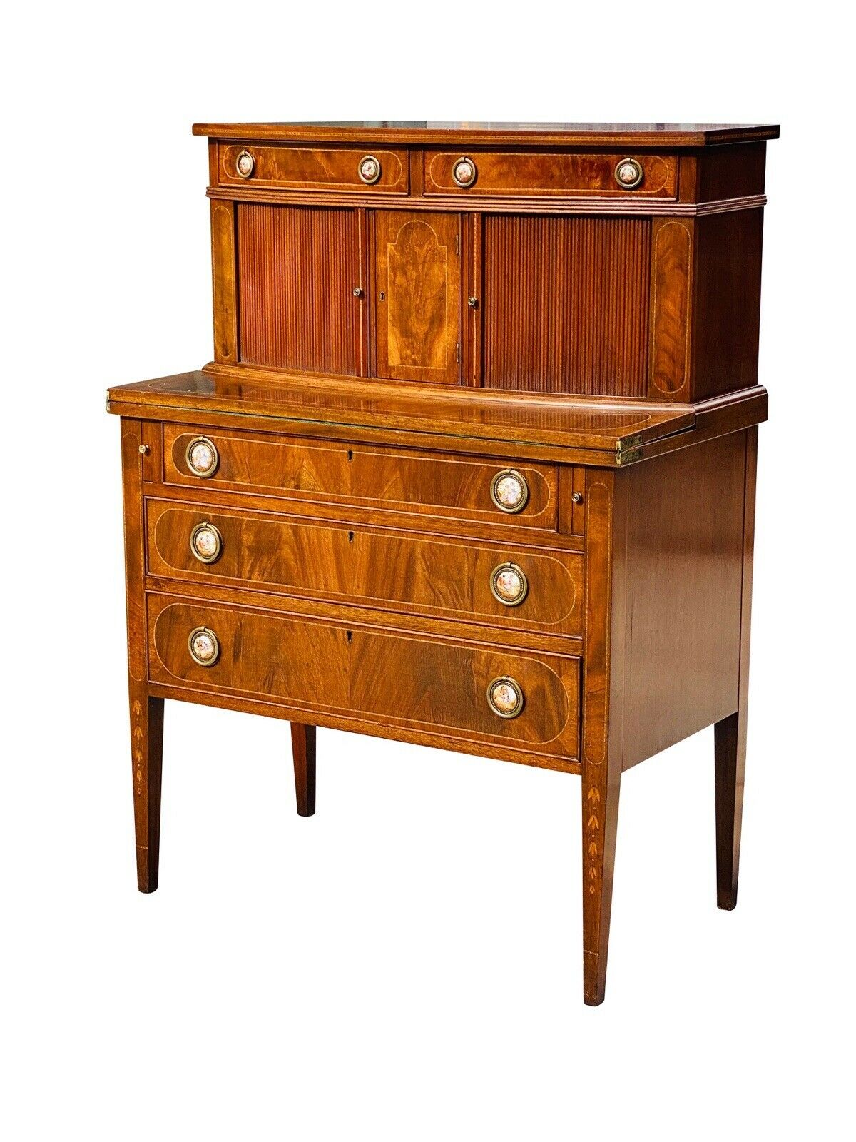 20TH C FEDERAL ANTIQUE STYLE BOSTON MAHOGANY LADIES TAMBOUR SECRETARY DESK