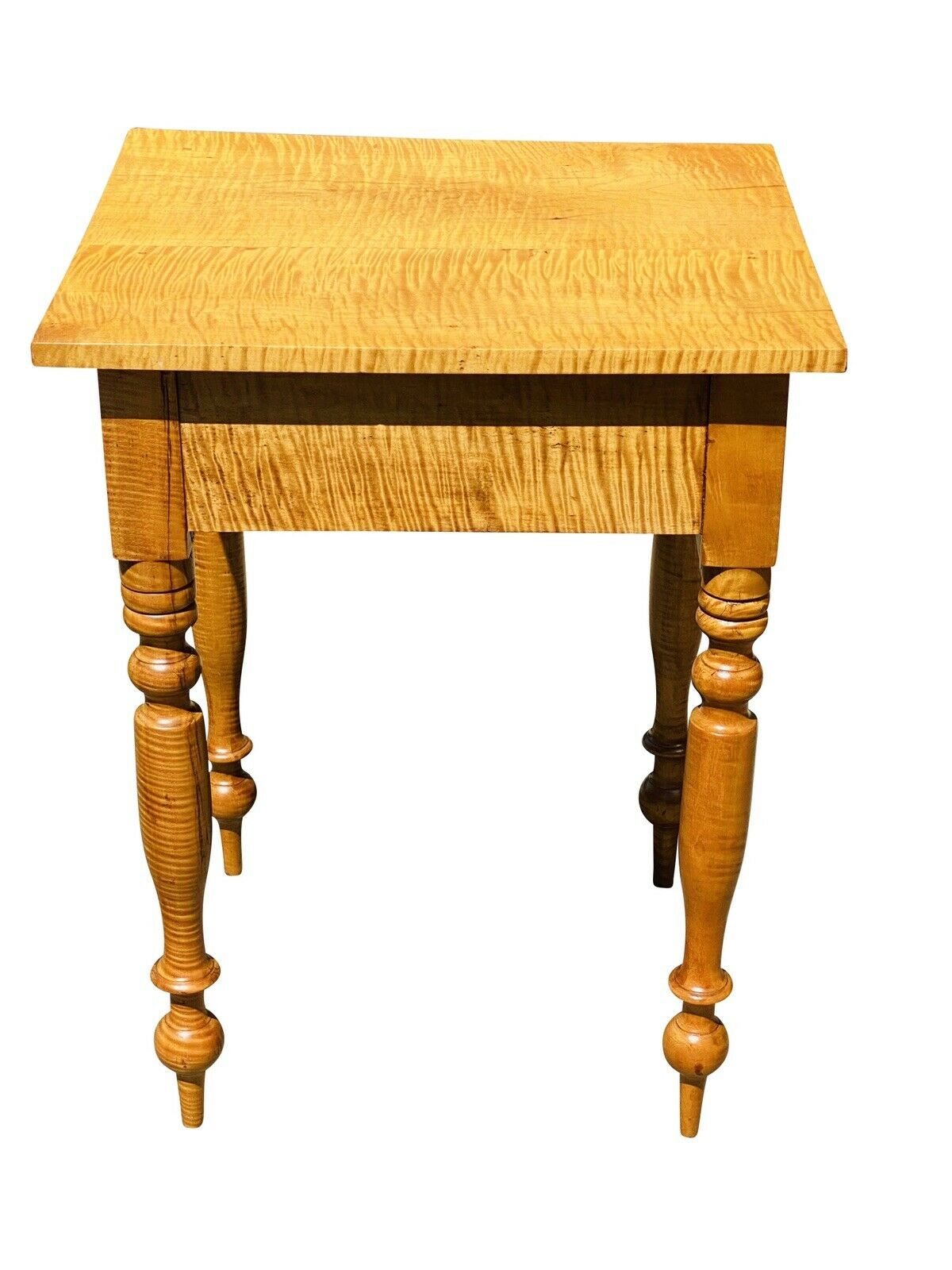 19TH C ANTIQUE AMERICAN TIGER MAPLE SHERATON WORK TABLE / NIGHT STAND