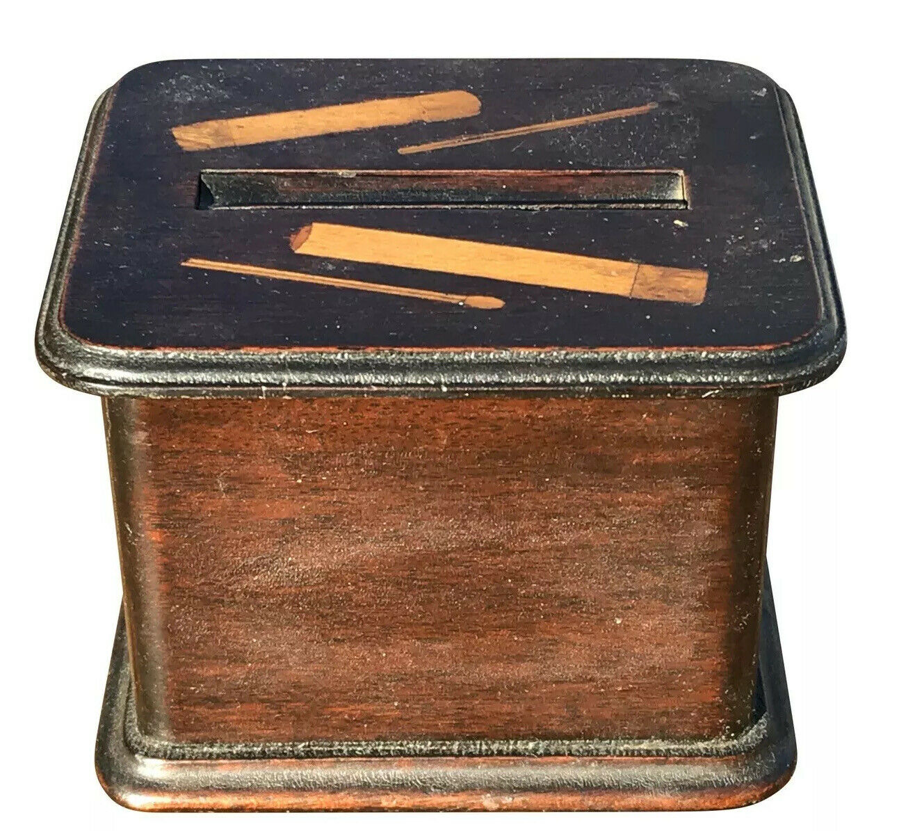 19TH C ANTIQUE INLAID PRIMITIVE FOLK ART MECHANICAL CIGARETTE / SMOKING BOX