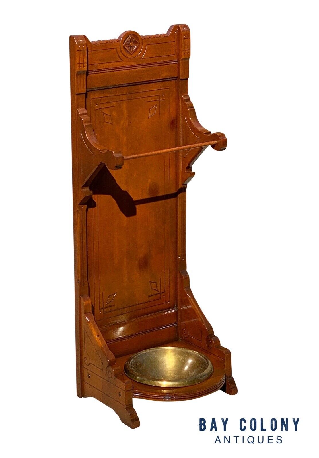 Antique Eastlake Victorian Cherry Umbrella Stand With Original Brass Water Basin