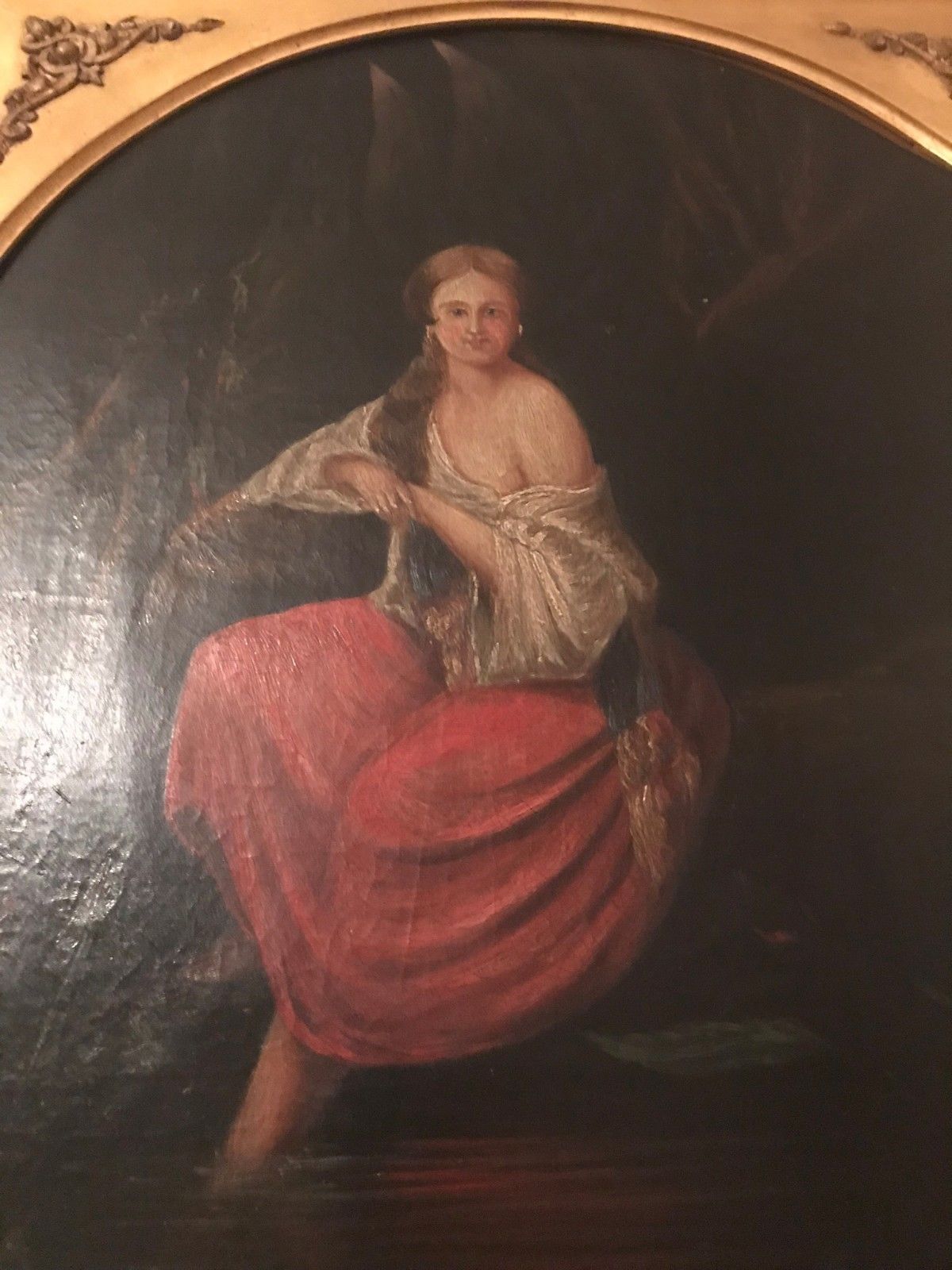 19TH CENTURY HUDSON RIVER VALLEY OIL ON CANVAS OF SEMI CLAD WOMAN IN MOONLIGHT