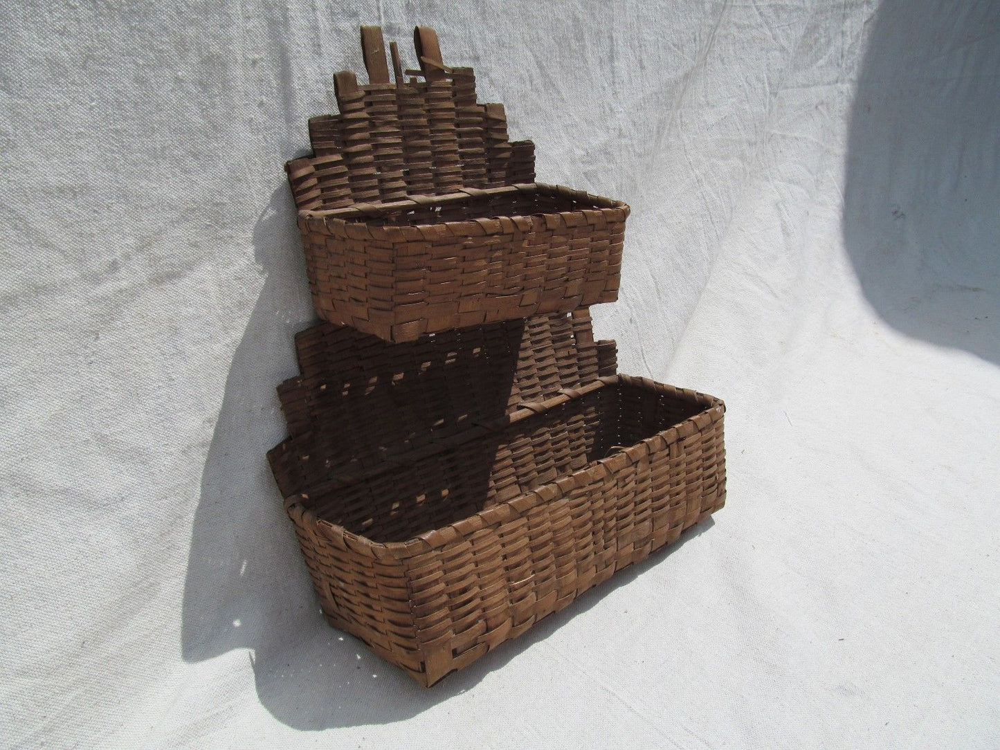 ANTIQUE DOUBLE TIERED SPLINT WOVEN WALL BASKET