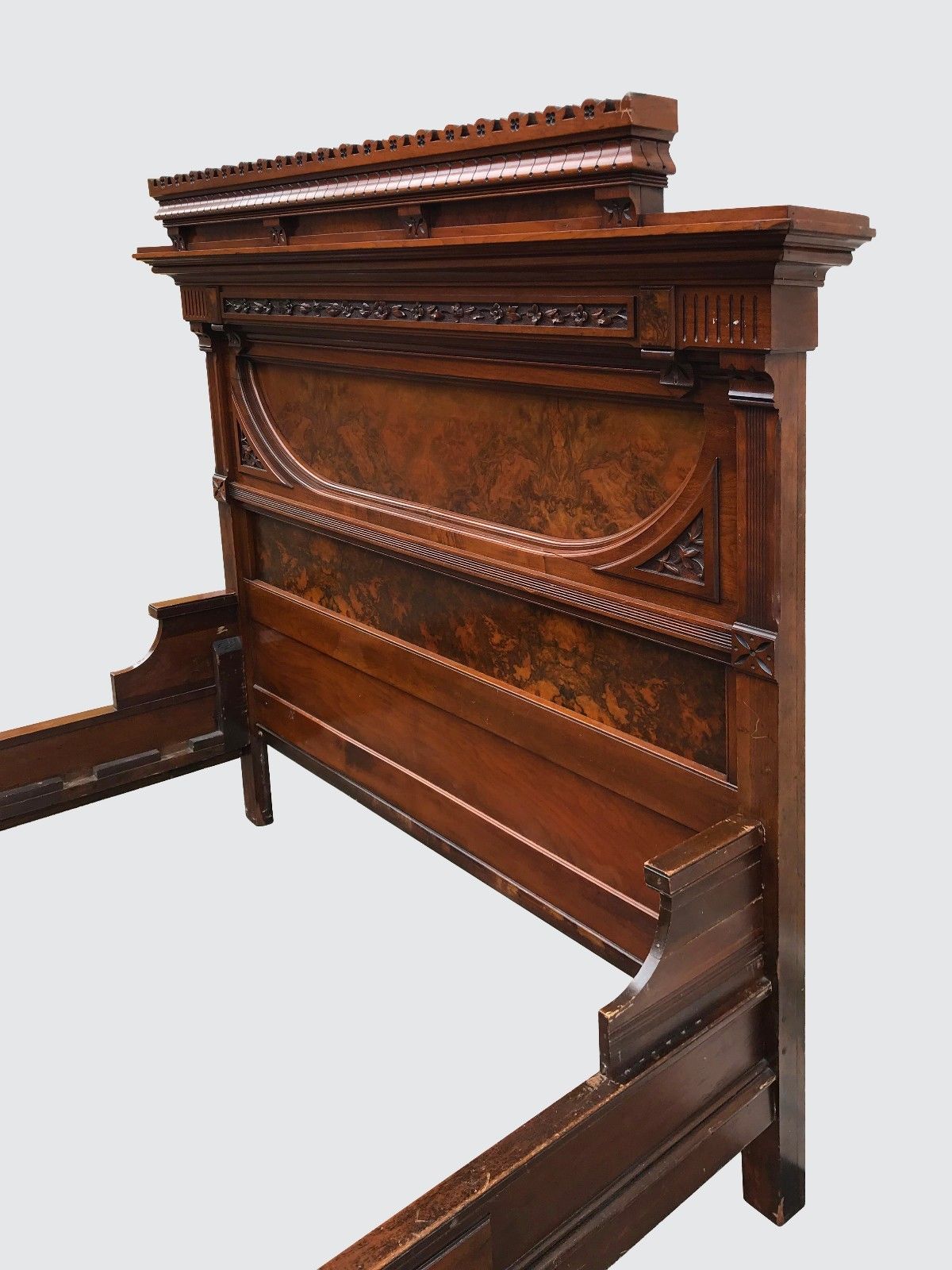 OUTSTANDING BLACK & BURLED WALNUT 2 PC VICTORIAN BEDROOM SET WITH MARBLED TOP
