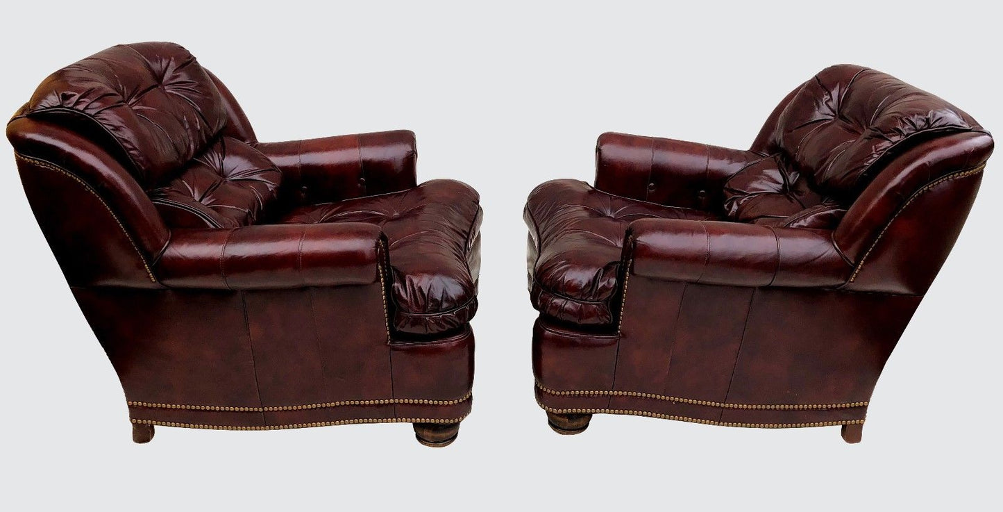PAIR HANCOCK & MOORE WINE COLORED LEATHER CHESTERFIELD CLUB CHAIRS