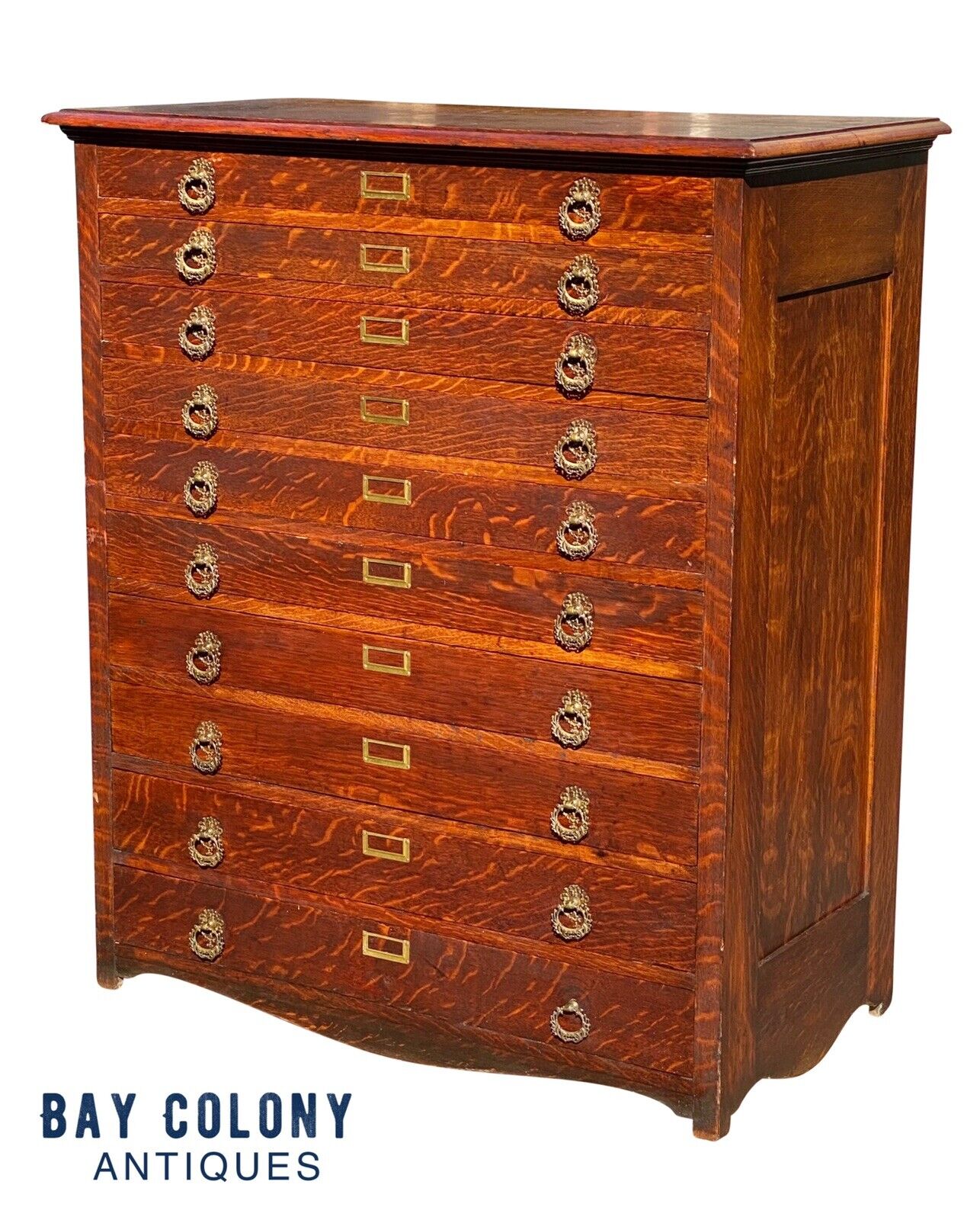 19th C Antique Victorian Tiger Oak 10 Drawer Map File Cabinet / Flat File