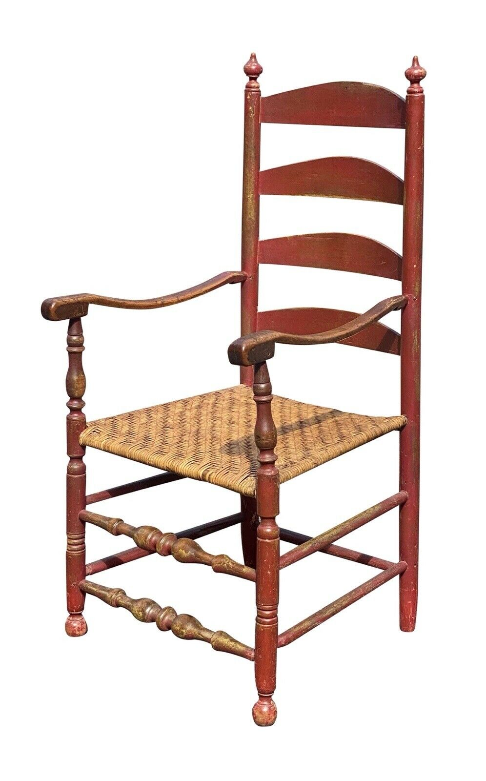 18TH C ANTIQUE QUEEN ANNE NEW ENGLAND LADDER BACK ARM CHAIR W/ SPLINT SEAT