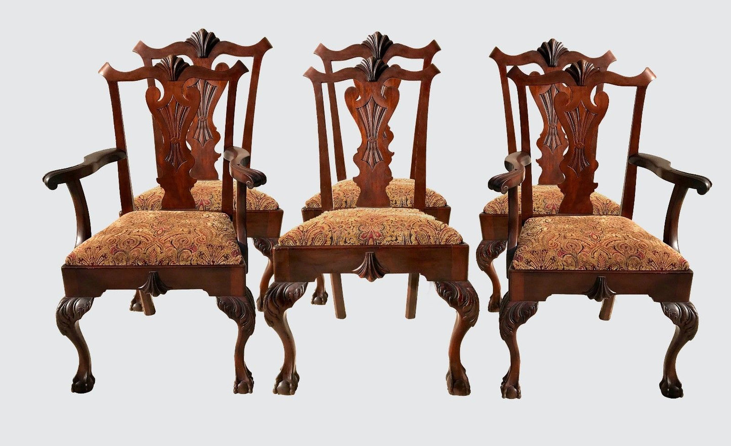 RARE & UNUSUAL ANTIQUE SET OF SIX CHIPPENDALE MAHOGANY DINING BALL & CLAW CHAIRS