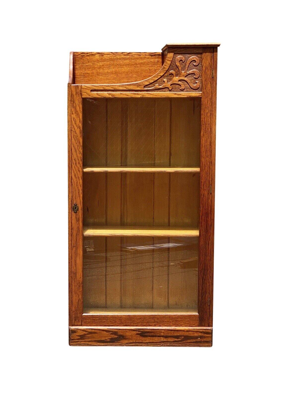19th C Antique Victorian Oak Single Door Bookcase / China Cabinet - Glass Door