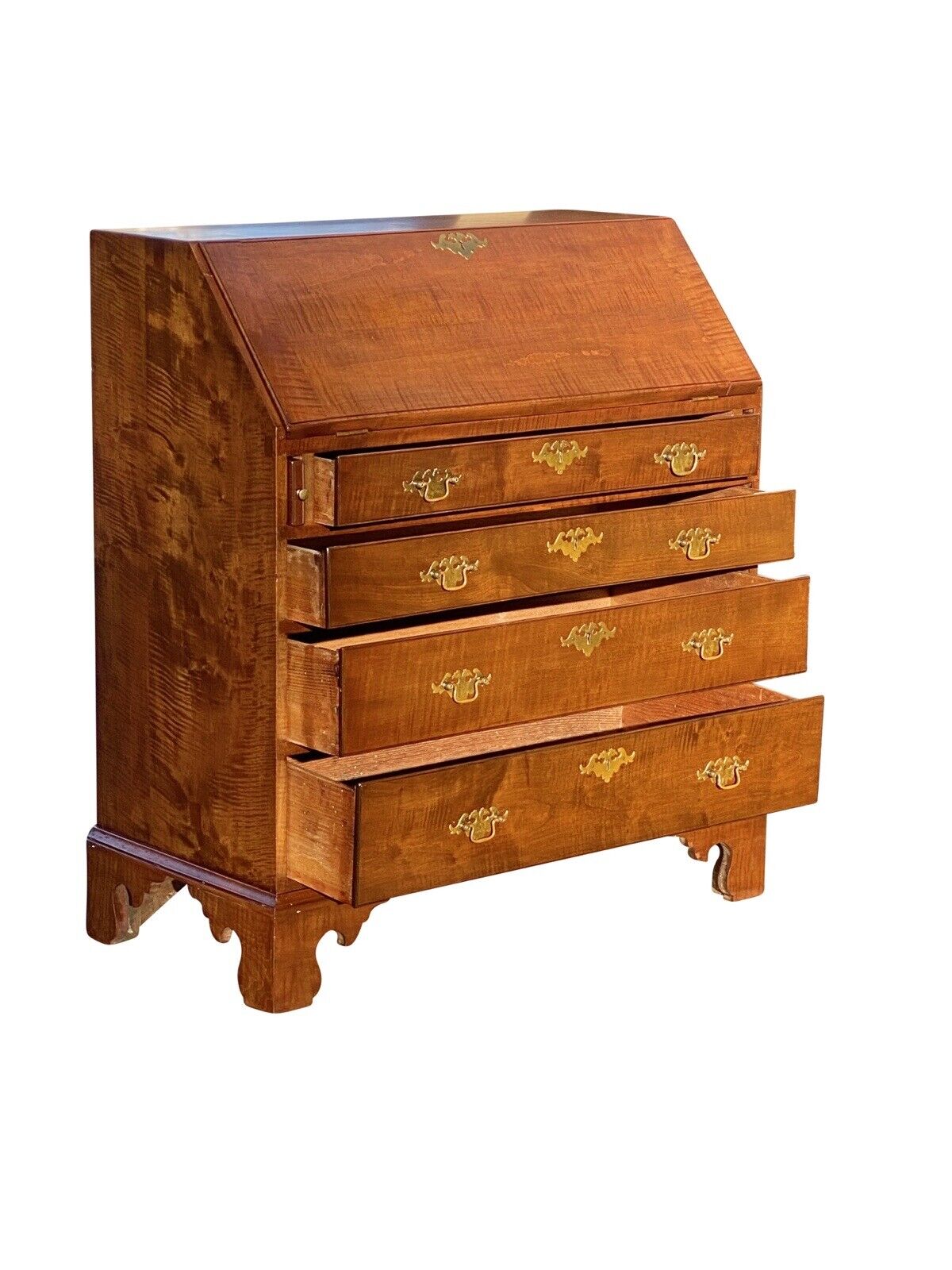 20th C Chippendale Antique Style Tiger Maple Slant Lid Desk With Hidden Drawer