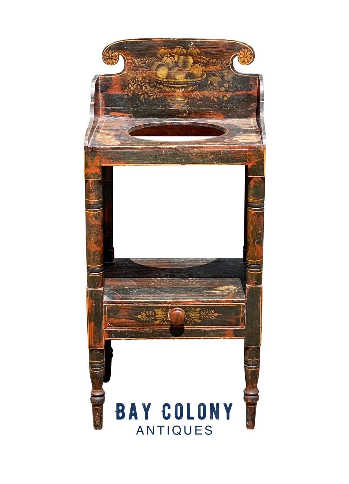 19th C Antique New England Sheraton Fancy Paint Wash Stand - Black & Red