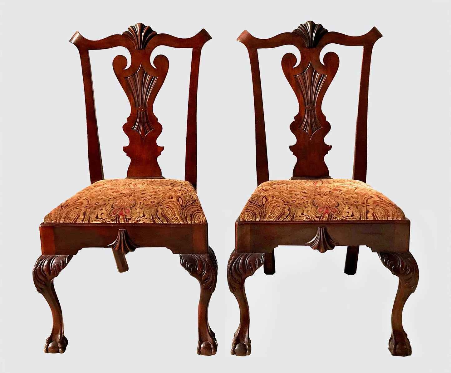 RARE & UNUSUAL ANTIQUE SET OF SIX CHIPPENDALE MAHOGANY DINING BALL & CLAW CHAIRS