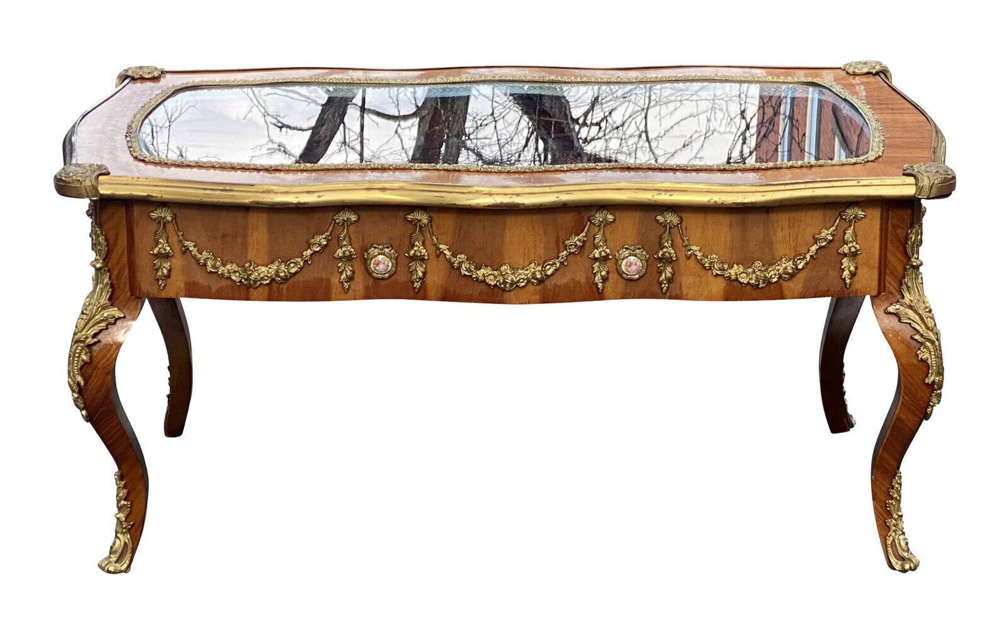20th C French Antique Style Walnut Lift Top Coffee Table / Glass Top Vitrine