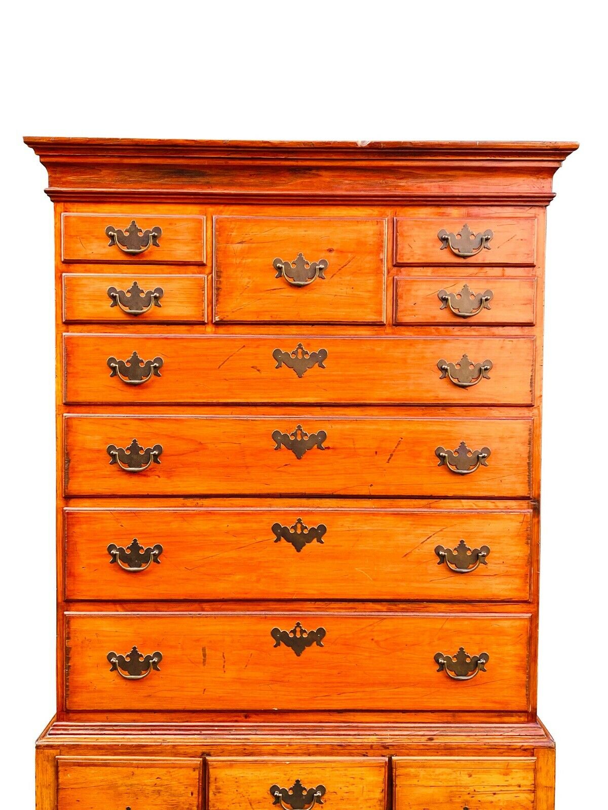 18TH C ANTIQUE QUEEN ANNE CONNECTICUT FLAT TOP HIGHBOY DRESSER / TALL CHEST