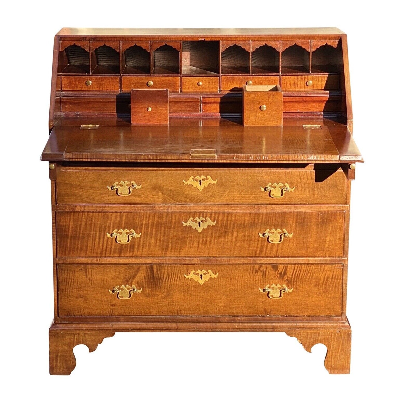 20th C Chippendale Antique Style Tiger Maple Slant Lid Desk With Hidden Drawer
