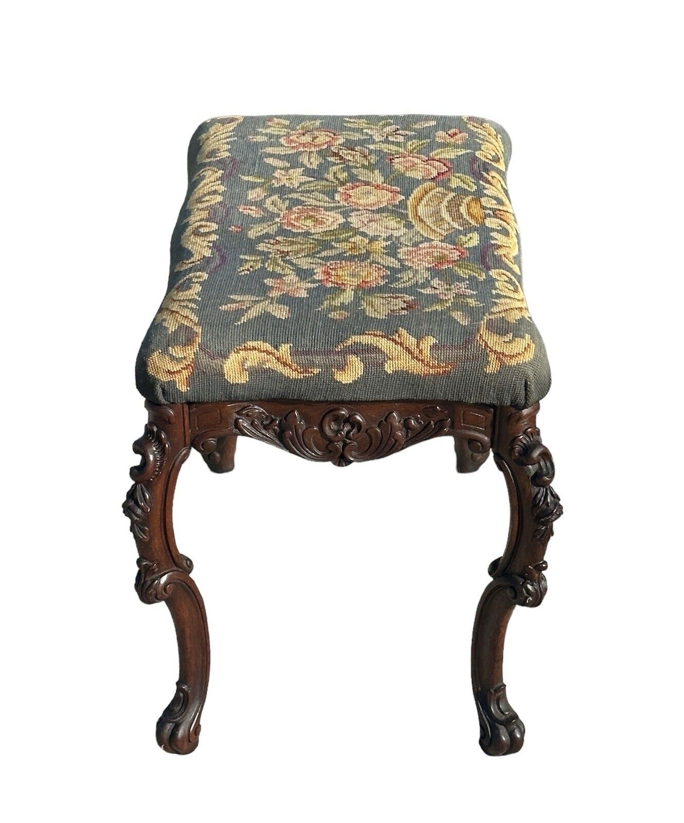 Antique French Louis XV Style Walnut Vanity Bench With Needlepoint Floral Basket