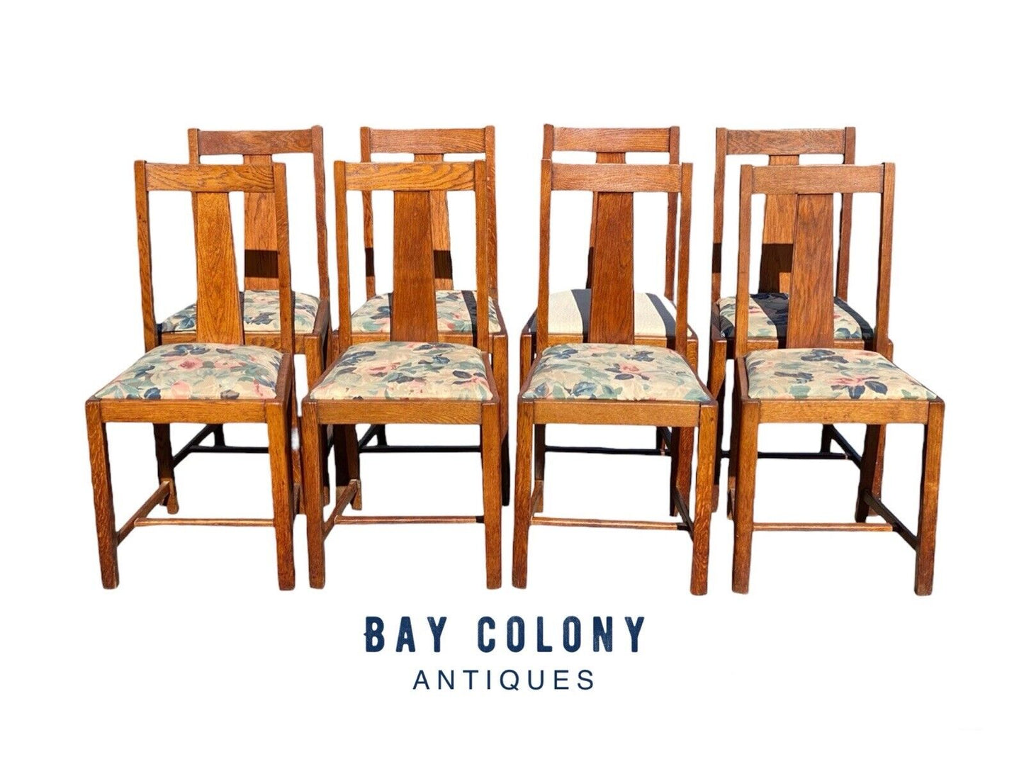 Set of 8 Antique Arts & Crafts Oak Dining Chairs with Tapered Splats
