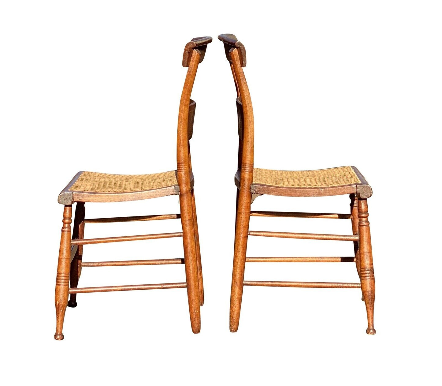 19th C Antique Pair of Tiger Maple Side Chairs With Cane Seats
