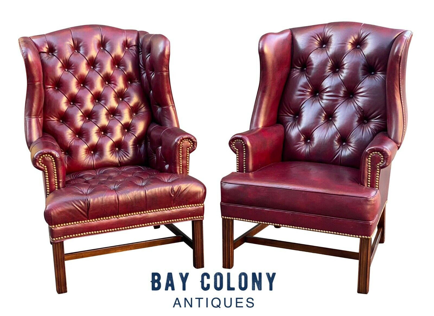20th C Chippendale Antique Style Pair Of Tufted Red Leather Wing Back Arm Chairs