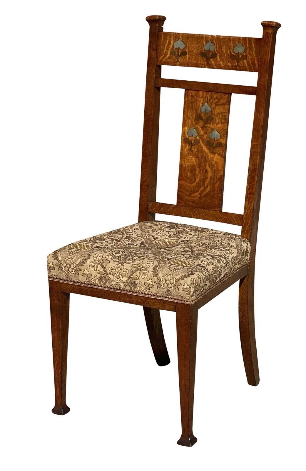 20TH C ANTIQUE ARTS & CRAFTS / ART NOUVEAU TIGER OAK SIDECHAIR W/ METAL INLAY