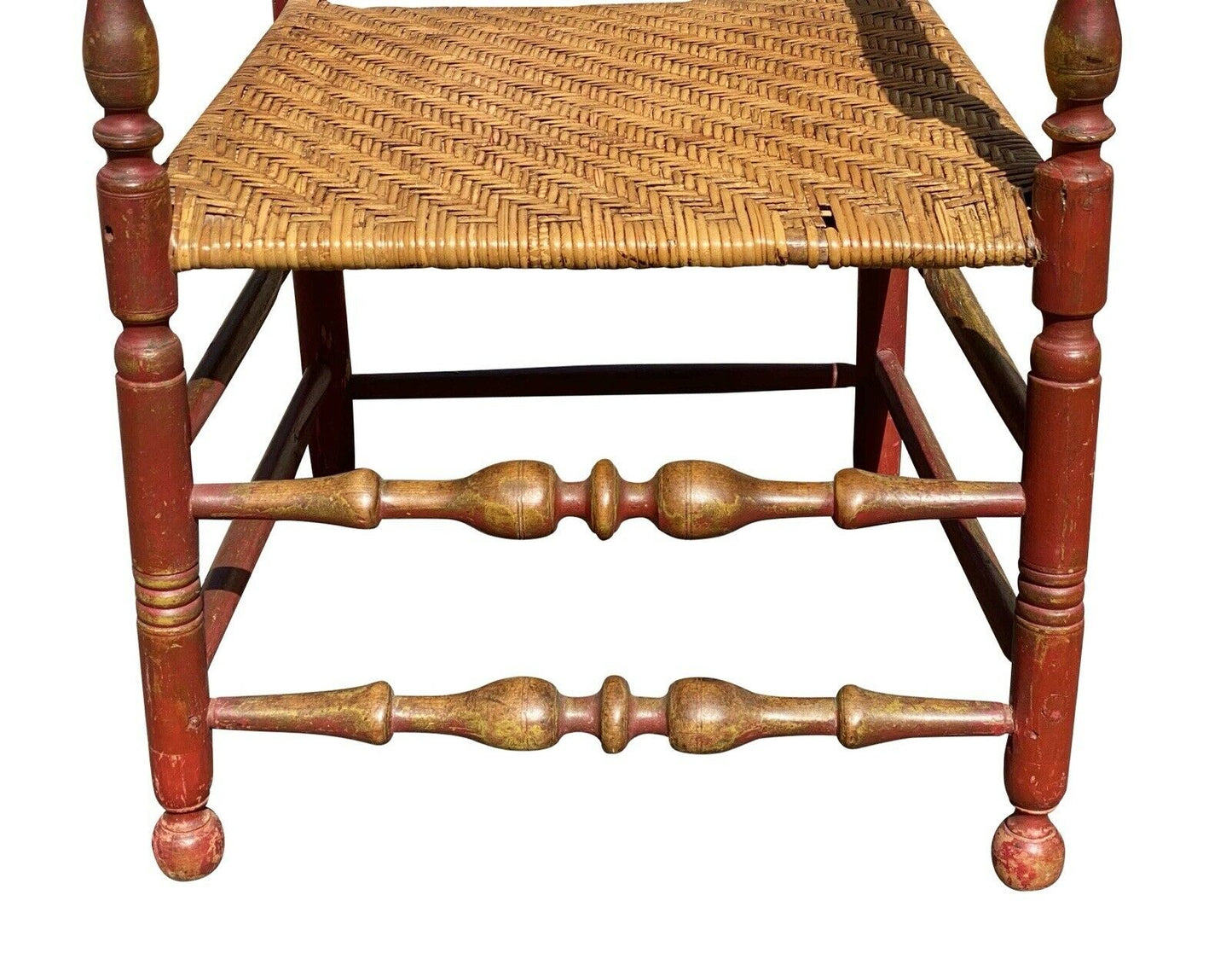 18TH C ANTIQUE QUEEN ANNE NEW ENGLAND LADDER BACK ARM CHAIR W/ SPLINT SEAT