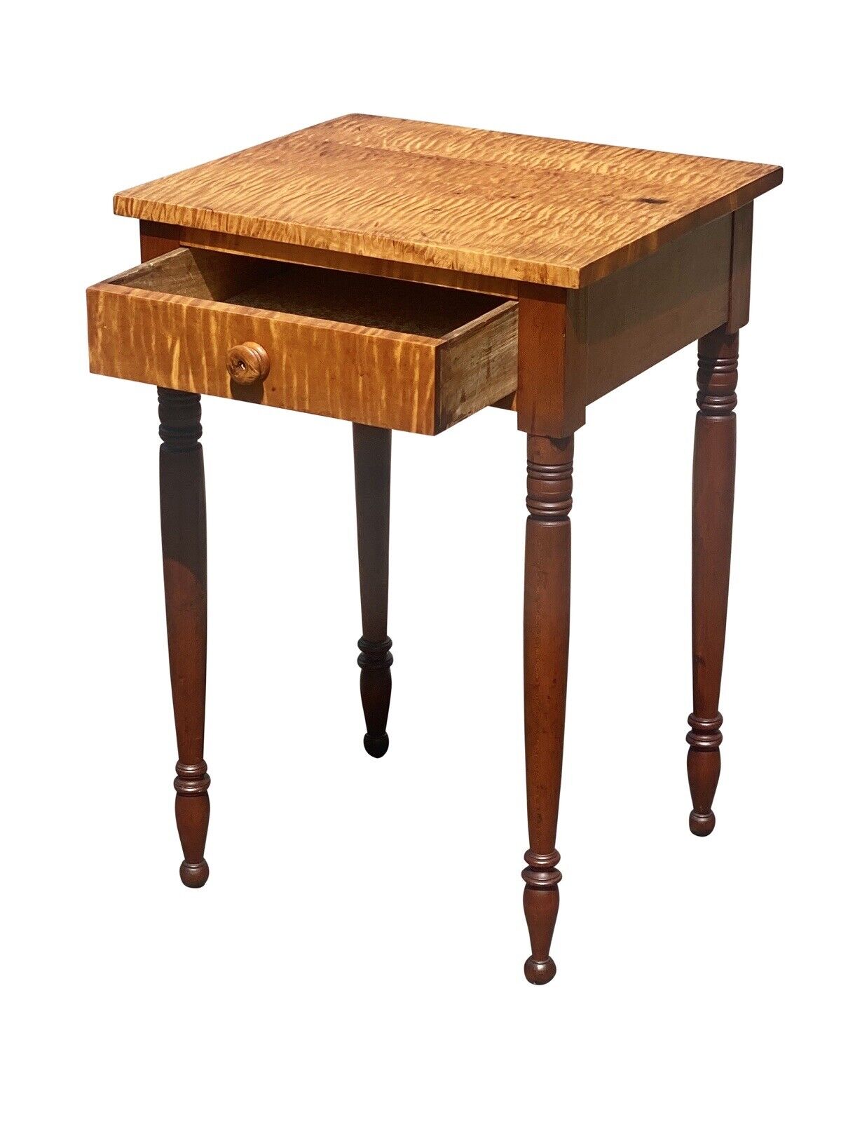 Early 19th Century Antique Federal Tiger Maple New England Work Table Nightstand