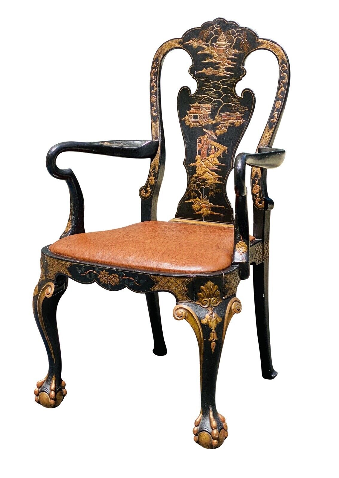 20TH C CHINESE CHIPPENDALE ANTIQUE STYLE DESK CHAIR - CHINOISERIE PAINT
