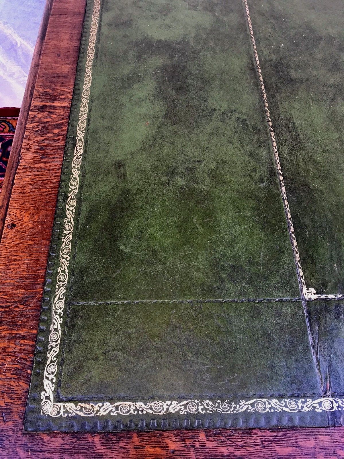 VICTORIAN OAK GOTHIC STYLE PARTNER'S DESK - OUTSTANDING GREEN LEATHER TOP