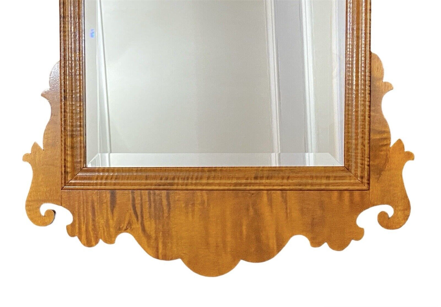 Chippendale Style Tiger Maple Mirror with Beveled Glass
