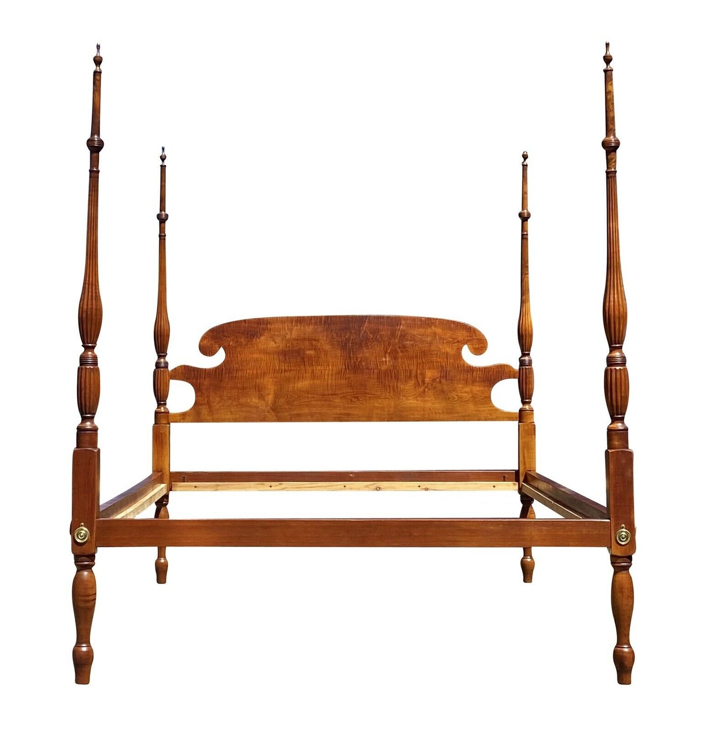 19th C Antique Sheraton Tiger Maple Full Size Four Post Bed - Curly Maple Bed
