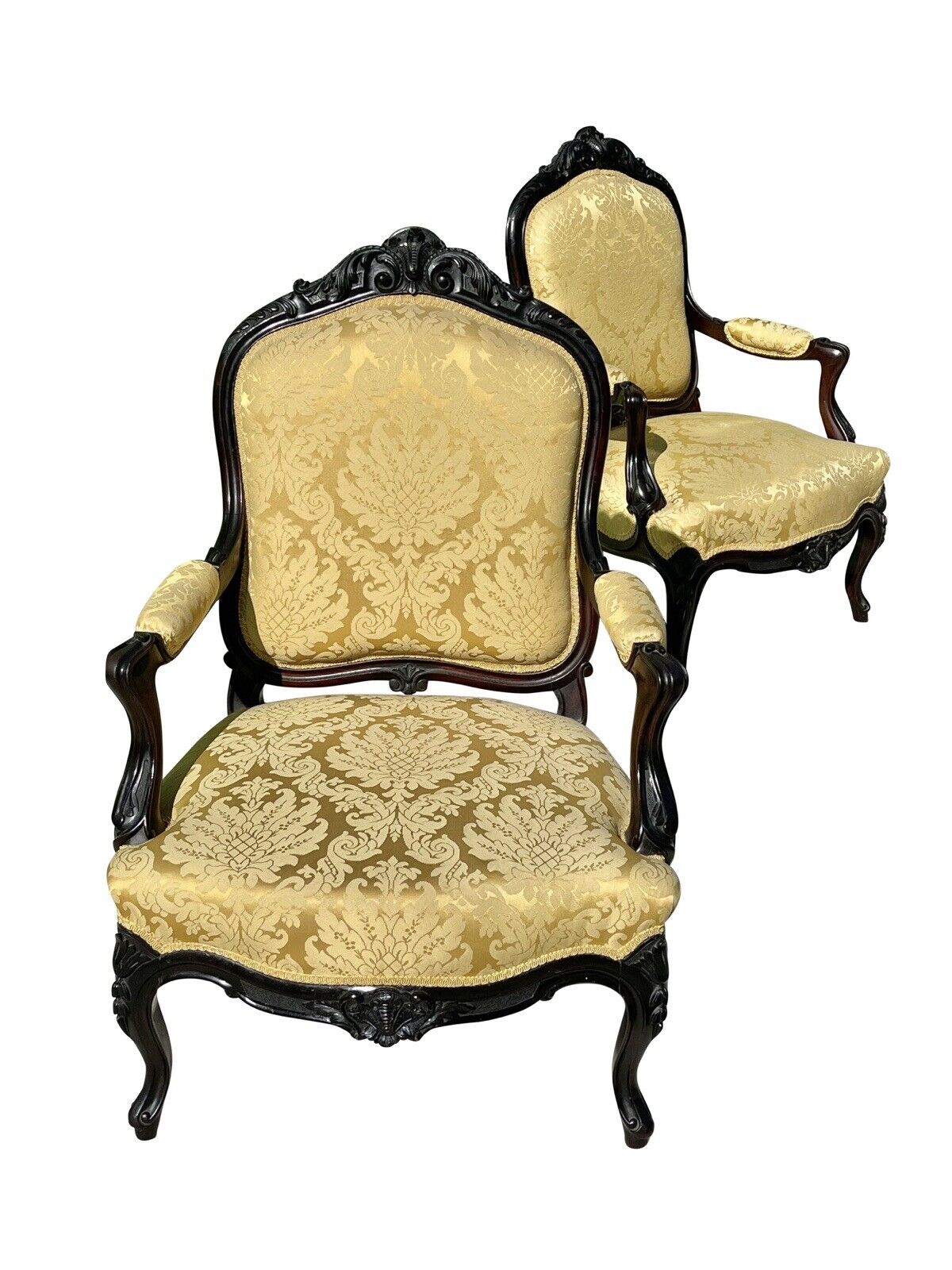 Pair of Louis Xiv Ebonized Rosewood Fauteuil a La Reine Arm Chairs in Satin Gold