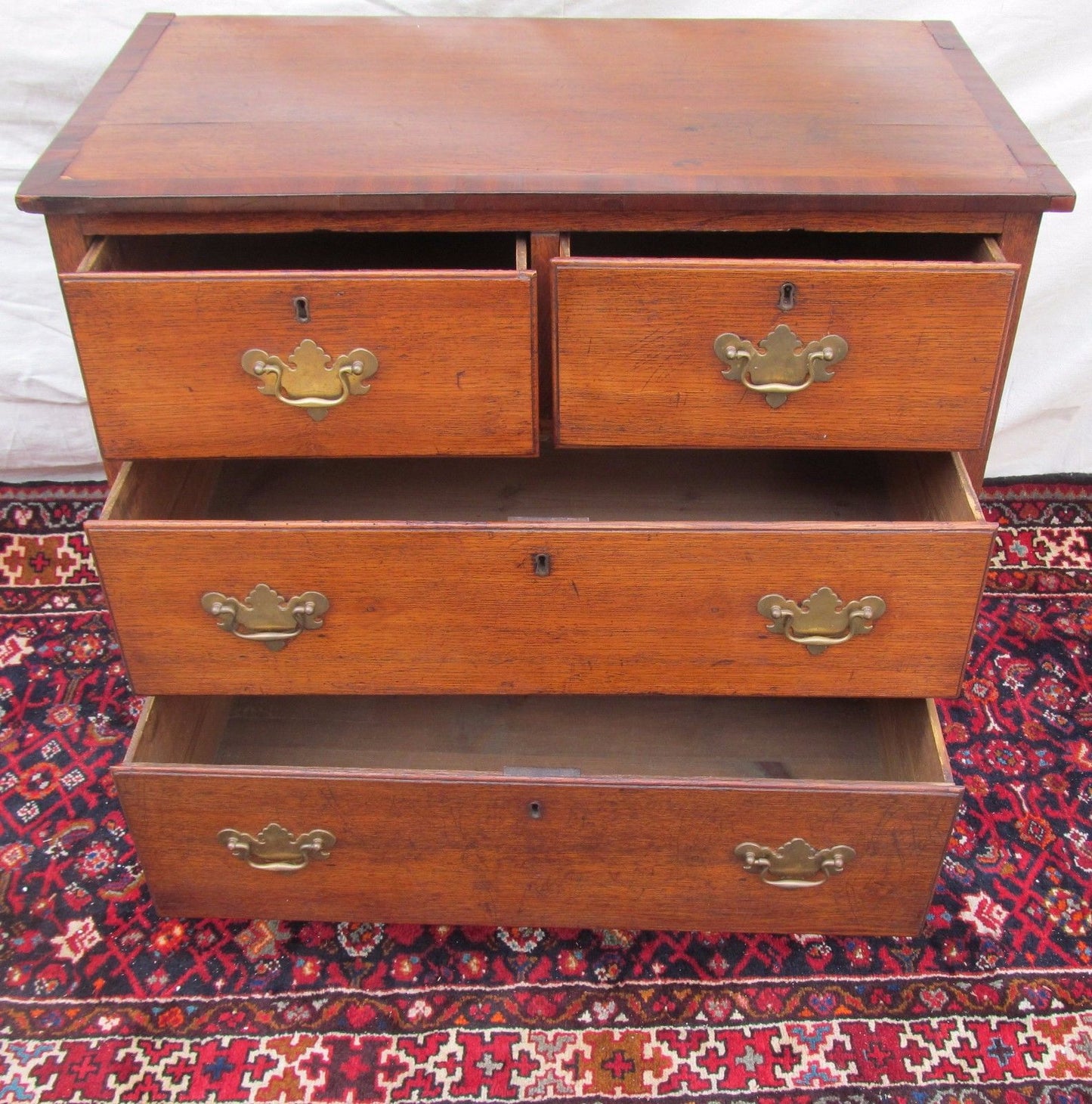 GEORGE III ENGLISH YEW WOOD CROSS BAND INLAID BACHELORS CHEST ON BRACKET BASE