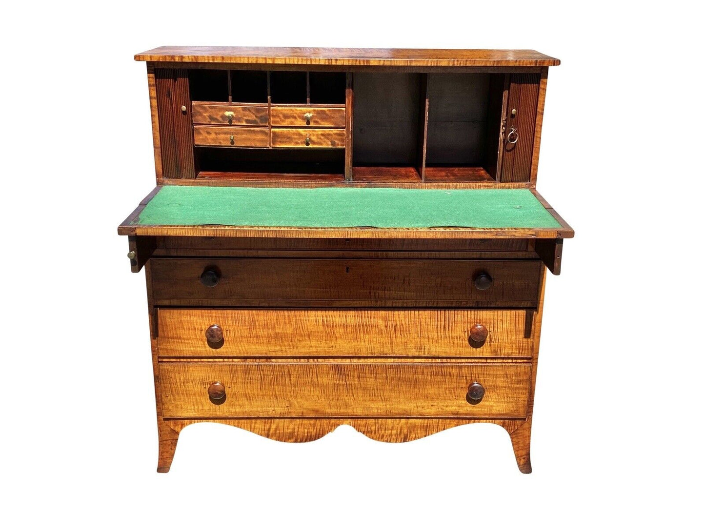 18TH C ANTIQUE NEW HAMPSHIRE TIGER MAPLE HEPPLEWHITE TAMBOUR SECRETARY DESK