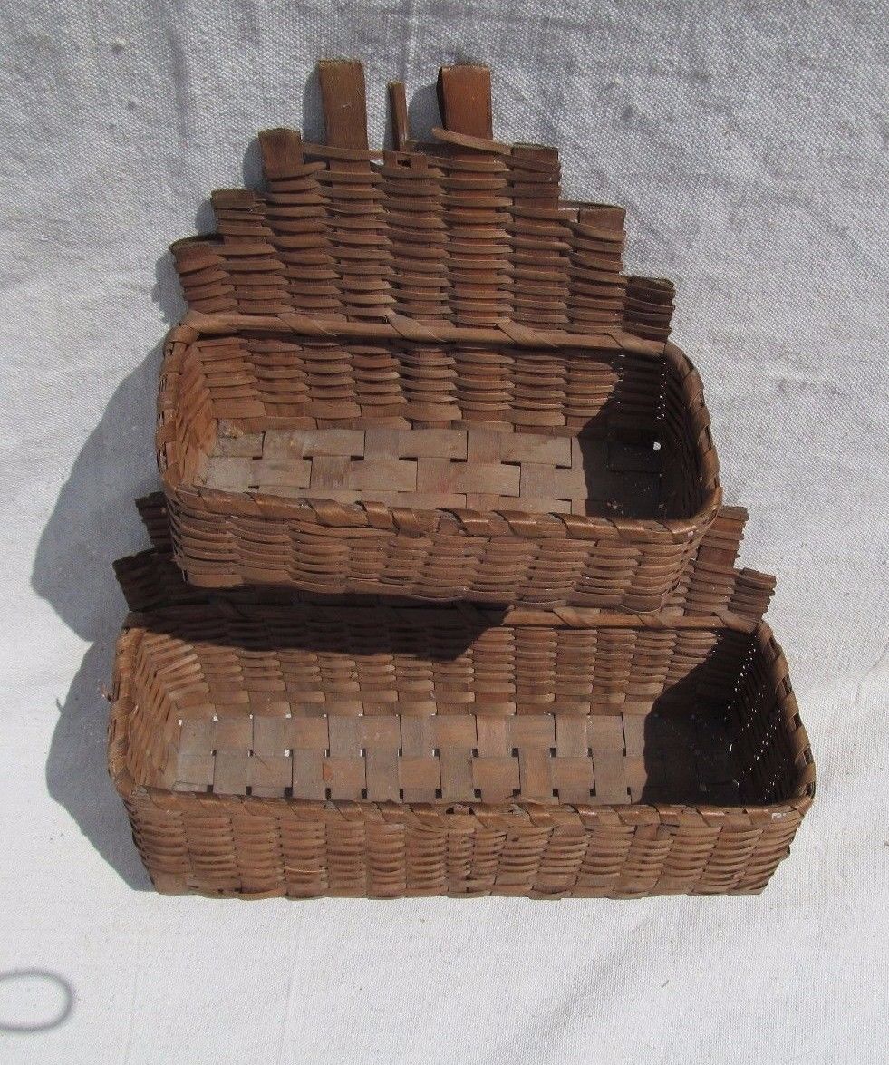 ANTIQUE DOUBLE TIERED SPLINT WOVEN WALL BASKET