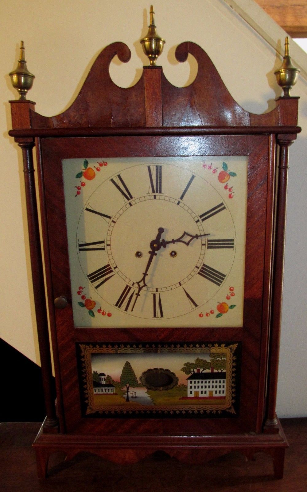 FEDERAL STYLED MAHOGANY REVERSE PAINTED SHELF CLOCK