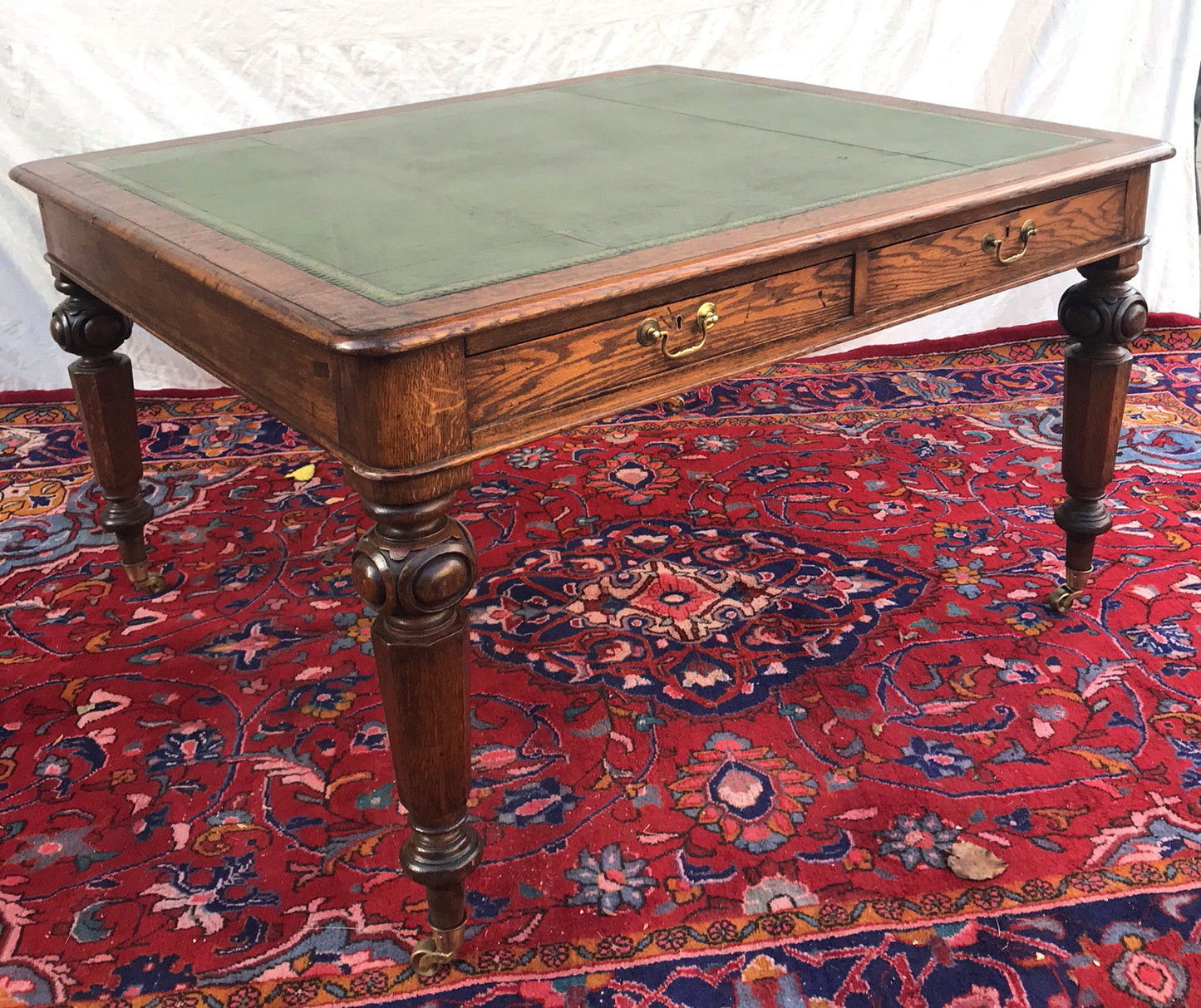 VICTORIAN OAK GOTHIC STYLE PARTNER'S DESK - OUTSTANDING GREEN LEATHER TOP
