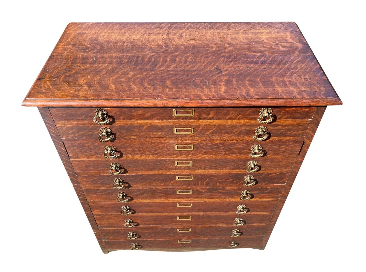 19th C Antique Victorian Tiger Oak 10 Drawer Map File Cabinet / Flat File
