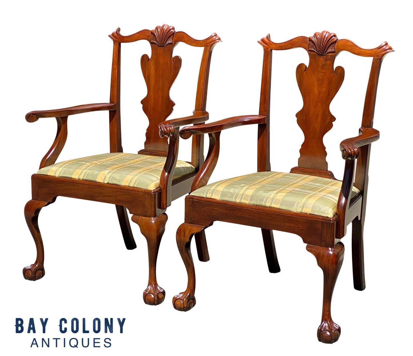 20th C Vintage Pair of Mahogany Henkel Harris Shell Carved Armchairs